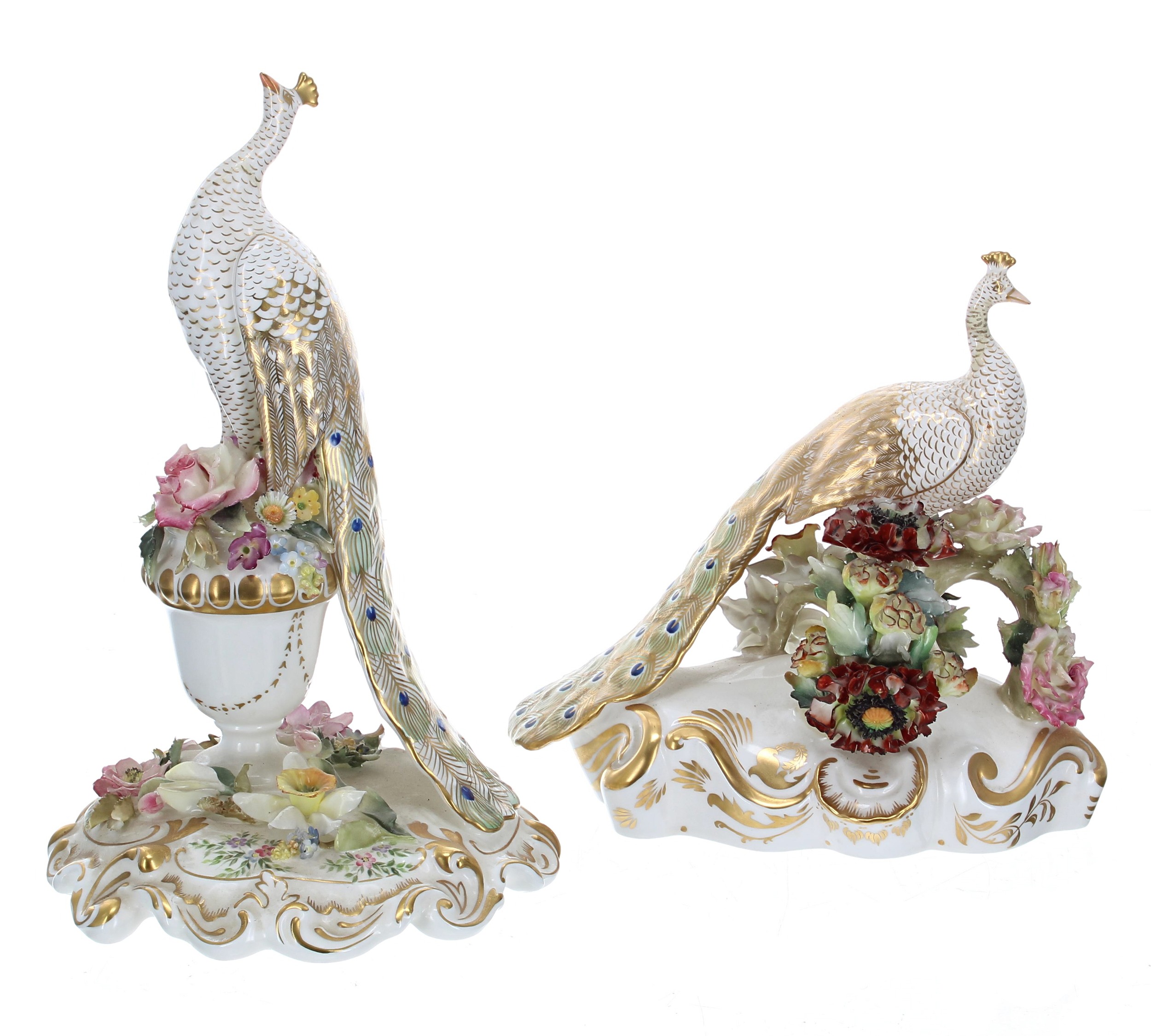 Two Royal Crown Derby Imari Peacocks, on moulded floral rococo bases, 10" and 7" high (faults) (2) - Image 2 of 2