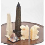 Souvenir stone obelisk with Egyptian hieroglyphic text, 16.5" high; together with another stone