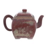 Chinese Yixing red ware teapot and cover, of rectangular rounded form with applied landscape