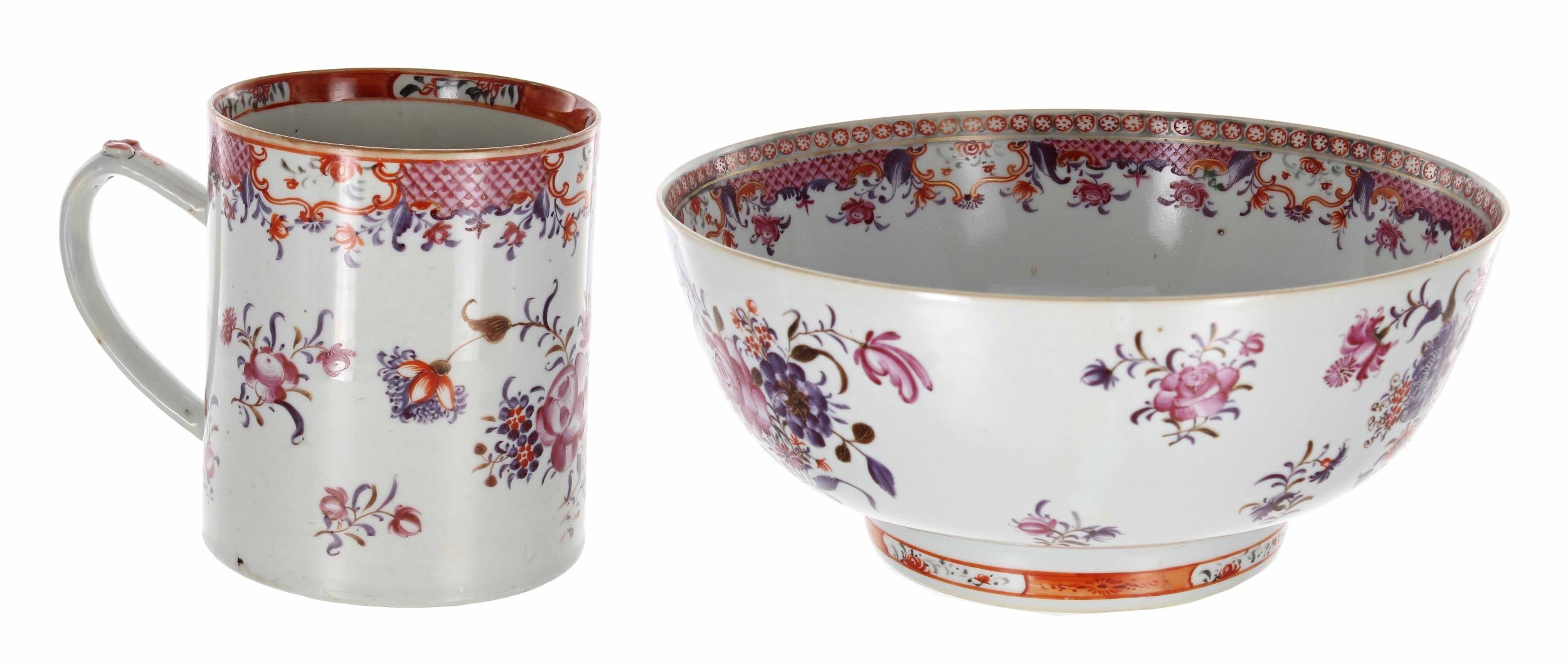 Chinese export porcelain famille rose circular punch bowl, painted with floral sprays with foliate