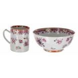 Chinese export porcelain famille rose circular punch bowl, painted with floral sprays with foliate