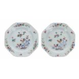 Pair of Chinese export famille rose octagonal porcelain plates, painted with two cockerels within