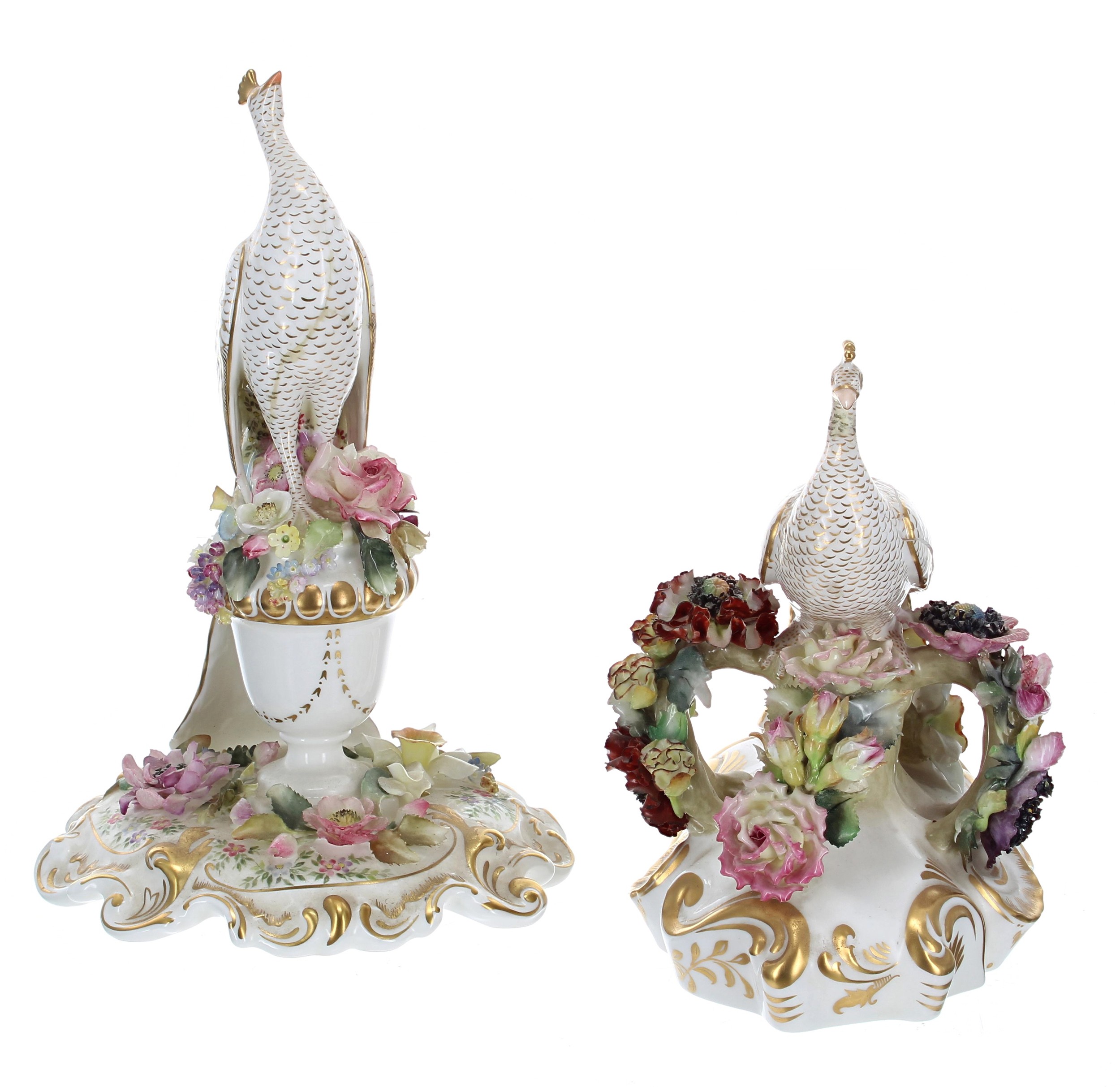 Two Royal Crown Derby Imari Peacocks, on moulded floral rococo bases, 10" and 7" high (faults) (2)