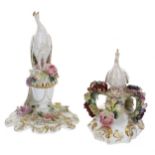Two Royal Crown Derby Imari Peacocks, on moulded floral rococo bases, 10" and 7" high (faults) (2)