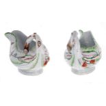 Pair of mid-18th century Worcester leaf design porcelain sauce boats, one with iron-red marks, the