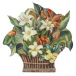 Decorative painted wooden panel, cut to the outline of the basket of flowers decoration, 22" high