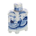 Chinese export blue and white porcelain tea caddy and cover, of hexagonal form decorated with 'The
