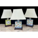 Pair of Chinese porcelain rectangular table lamps with shades, decorated with fish, 16" overall;