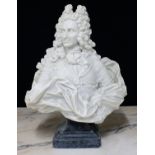 Carved alabaster bust of Philip V of Spain, after the Antique, mounted upon a stepped square plinth,