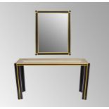 Good quality modern black metal and brass effect console table with matching mirror, the table of