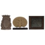 Decorative Thai reconstituted stone relief Bodhi tree, mounted upon a rectangular wooden plinth,