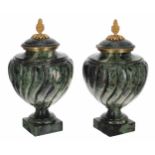 Pair of 19th century French 'verde antico' marble urns with covers, the covers with gilt bronze