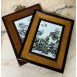 Pair of Chinese porcelain plaques in hardwood frames, each depicting landscapes, 20th century