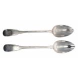 Pair of George III silver serving spoons, with fiddle pattern monogrammed handles, maker Thomas