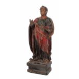 Large carved wood polychrome statue of Saint Matthew, 18th century, modelled standing reading from a