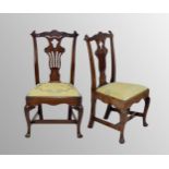 Fine pair of George III Chippendale period mahogany chairs, the carved backs with scroll top rails