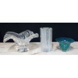 Three pieces of decorative art glass to include a bark effect vase in the manner of Whitefriars,