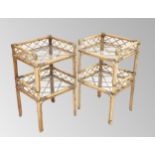 Pair of bamboo bedside two tier open tables with inset glass shelves, 16" wide, 27.5" high, 14" deep