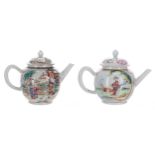 Chinese export famille rose porcelain teapot and cover, depicting scroll panels of figure upon a