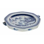 Pair of Chinese export blue and white export porcelain octagonal warming plates, decorated with