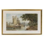 19th Century School - Caernarfon Castle, with Eagle Tower across the River Seiont, pencil and