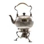 Victorian silver spirit kettle on stand, with a cane wrapped swing handle, and half reeded body,
