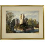 English School (19th century) - The ruins of a castle, with a fisherman on a stone bridge nearby,