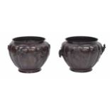 Pair of Japanese bronzed circular lobed metal jardinieres, with applied birds and prunus decoration,