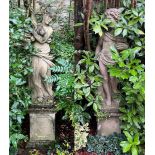 Two classical weathered garden statues by David Sharp Studio, including 'Four Arts Architect'
