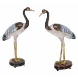 Pair of Japanese cloisonné figures of storks on stands, 14.5" high overall