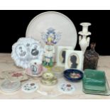 Group of decorative pottery and porcelain to include a Moorcroft 'Hibiscus' dish (small hairline