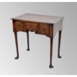 18th century oak lowboy, the rectangular moulded top with three walnut crossbanded frieze drawers