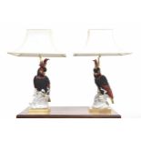 Good pair of Italian Societa Porcellane Aristiche Cockatoo table lamps, the bird figures mounted