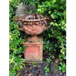 Large impressive, weathered terracotta garden urn on stand after the Antique, with twin textured