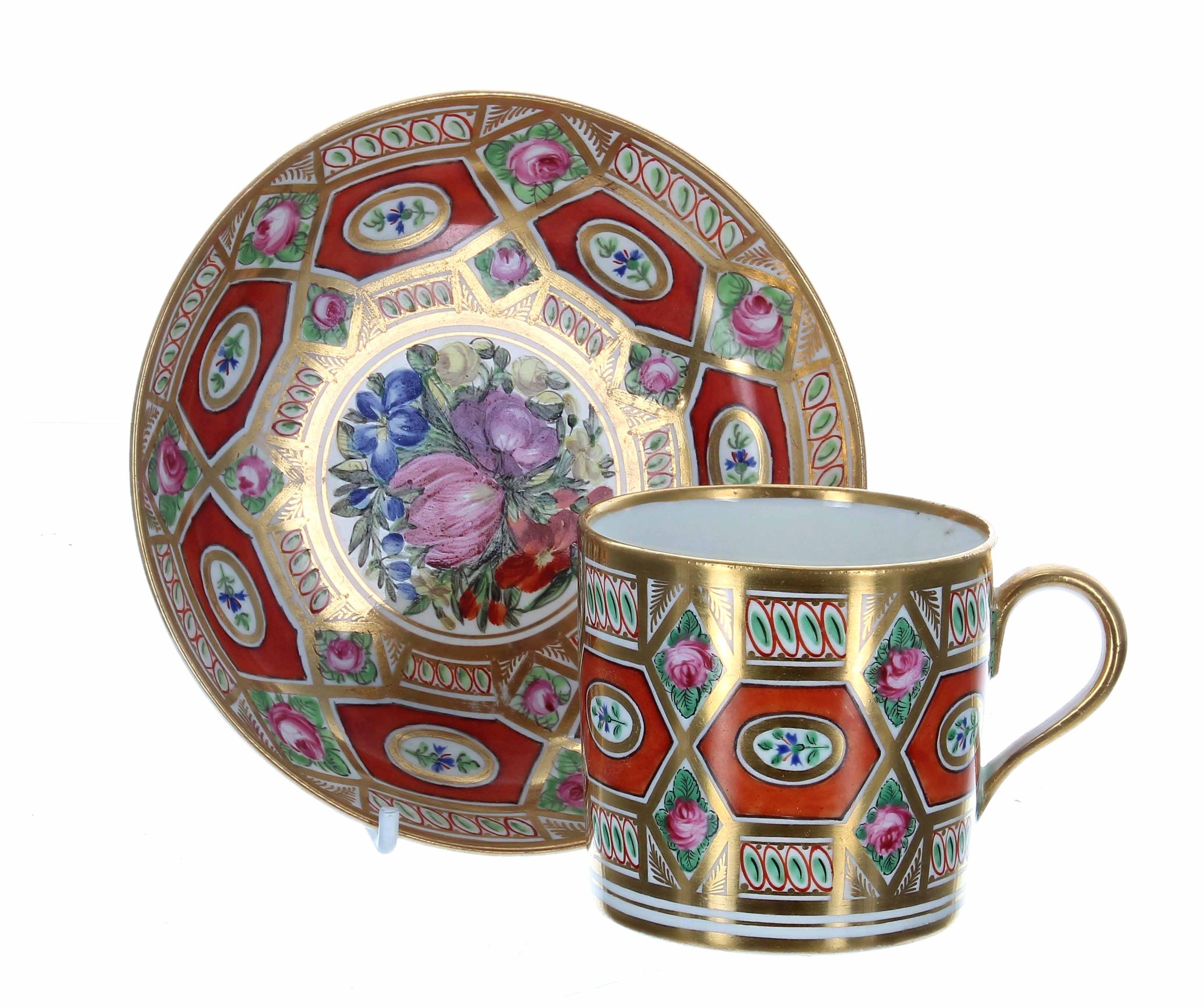 Fine Coalport porcelain coffee can and saucer, early 19th century, finely painted with summer