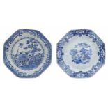Two similar Chinese blue and white porcelain octagonal plates, one decorated with birds, the other