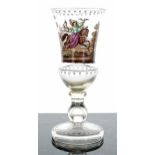 Bohemian 19th century hollow stem glass goblet, with a painted landscape scene with figures and