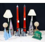 Selection of decorative accessories to include a pair of large red wooden obelisks, pair of