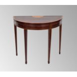 19th century oval mahogany inlaid fold-over demi-lune card table, the top with a half paterae and