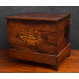 Antique rosewood inlaid music box converted into an open box, hinged cover revealing an open paper