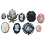 Selection of eight assorted cameo brooches; also one cameo brooch centre lacking the brooch surround