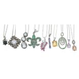 Ten modern silver gem set pendants upon silver chains