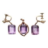 Pair of 14k yellow gold and amethyst drop earrings with a matching pendant, the stones 1.5cm x