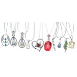 Ten modern silver stone and gem set pendants upon silver chains