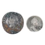 William III sixpence; also a Charles II half crown (2)