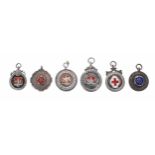 Six silver fob medallions, each with enamelled detailing and engraved presentation inscription, 2.