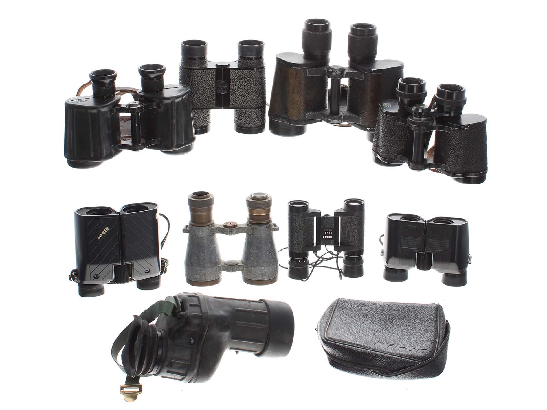Group of assorted vintage binoculars; including by Carl Zeiss, Bushnell, Tasco, Ross, Nikon etc.