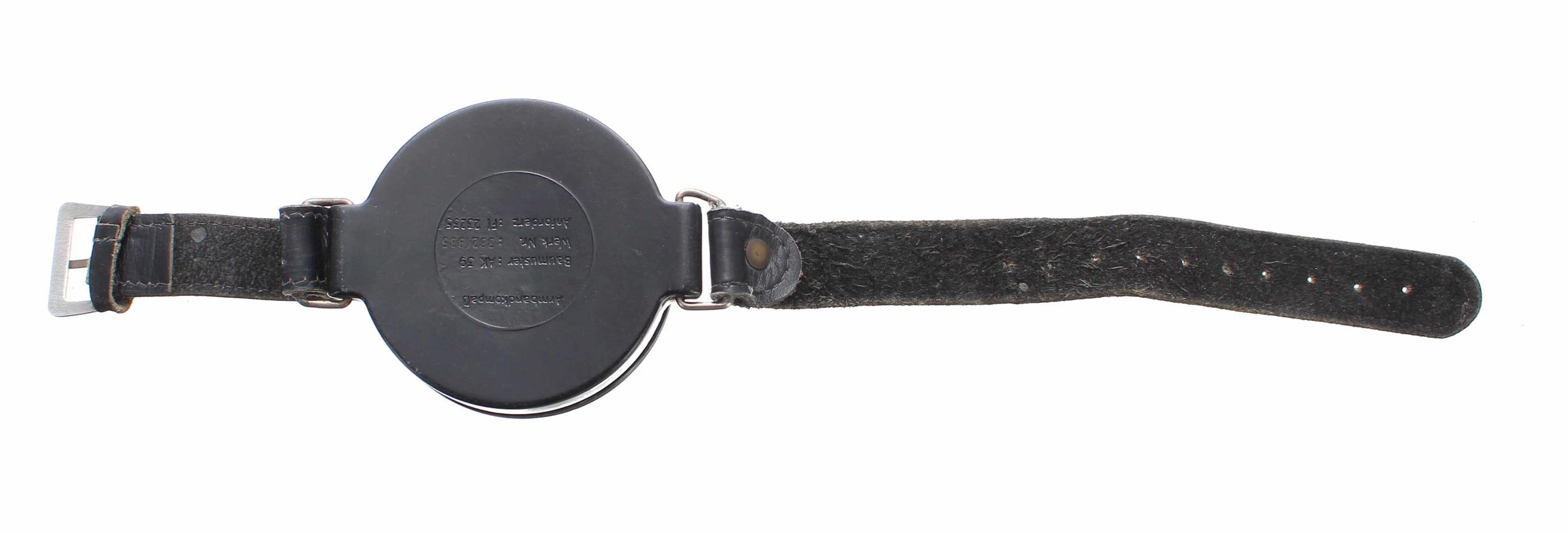 WWII Luftwaffe wrist compass on a leather strap, stamped AK 39 FI 23235-1 6cm diameter - Image 2 of 2