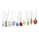 Ten modern silver gem set pendants upon slender silver chains