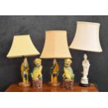 Pair of Chinese 'Mud Man' pottery figural table lamps, 14" high including fitting; together with a
